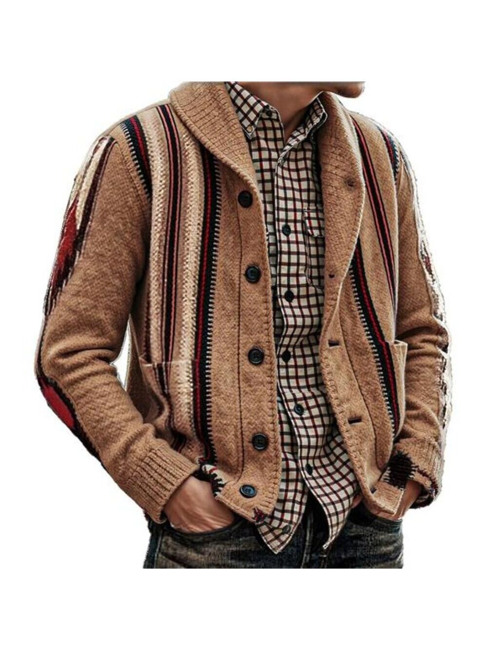 Mens shawl collar long sleeve cardigan sweater soft knitted button front pockets